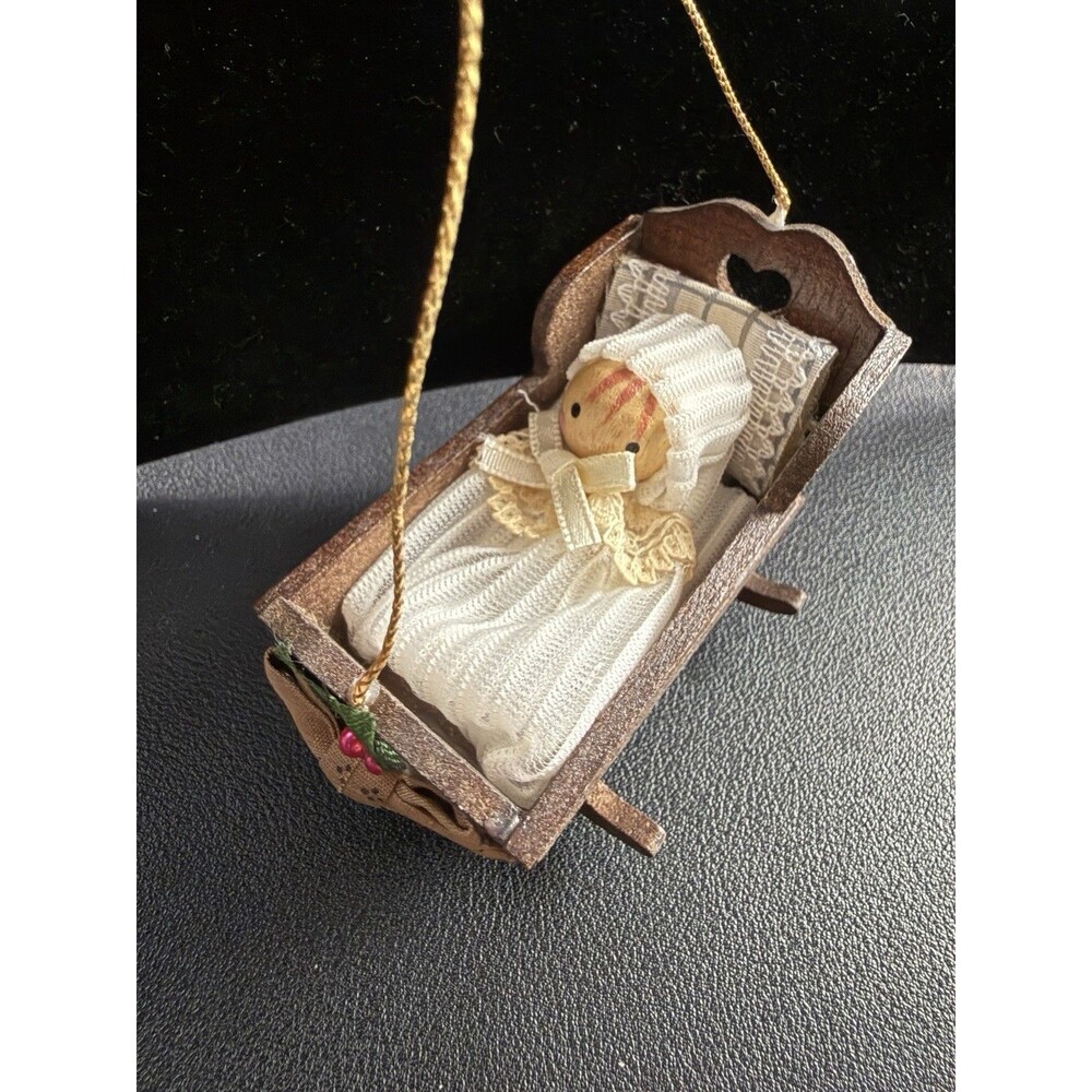Vintage 1990s Infant Baby in Rocking Cradle Ornament Christmas Wooden